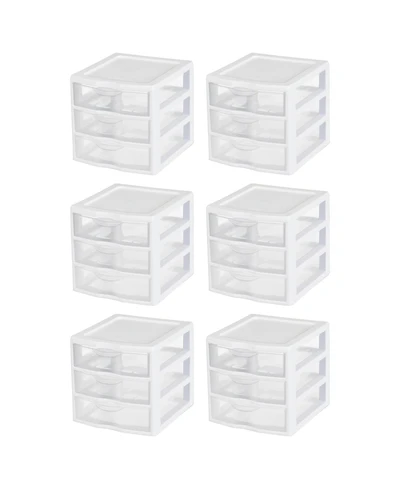 Sterilite ClearView Plastic Small 3 Drawer Desktop Storage Unit, White, 6 Pack