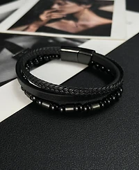 Rhona Sutton Leather Black Beaded Stainless Steel Bracelet