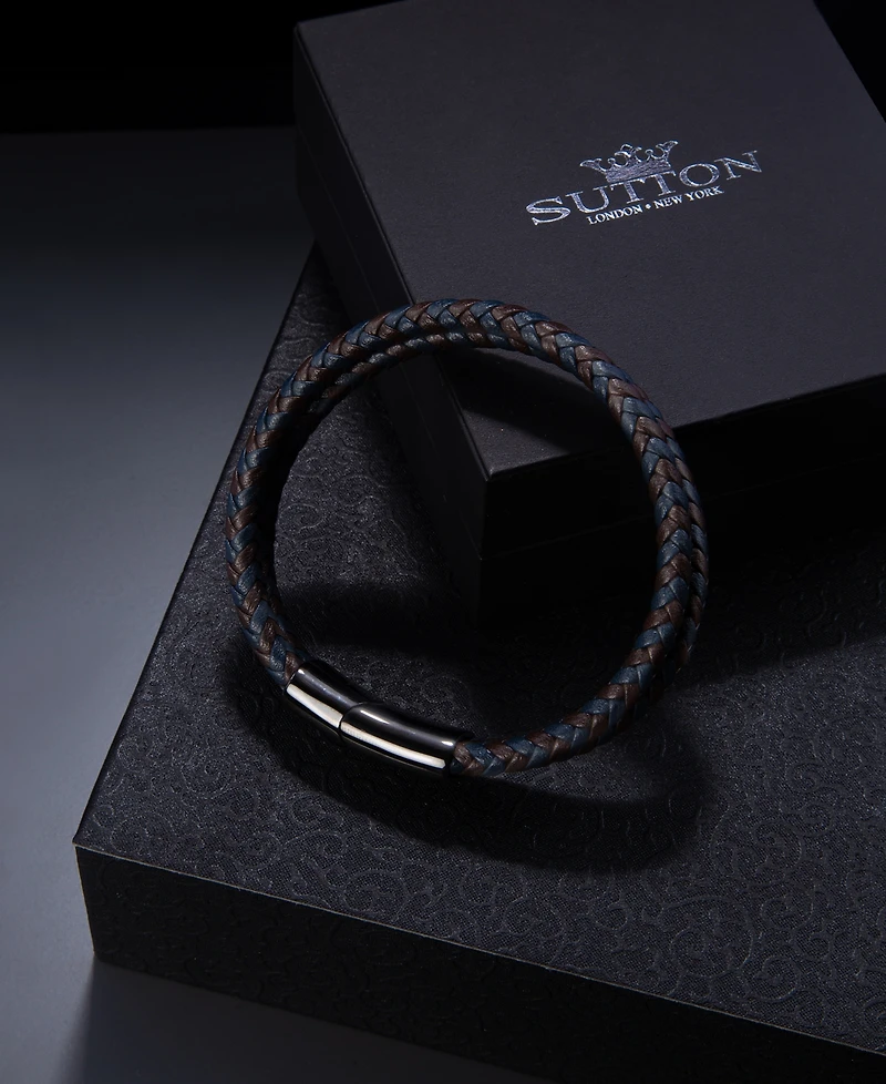 Rhona Sutton Black Double Summit Leather Stainless Steel Bracelet