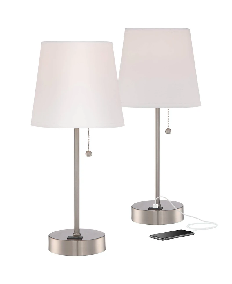 360 Lighting Justin 18" High Small Modern Accent Table Lamps Set of 2 Usb Port Pull Chain Silver Finish Metal Living Room Charging