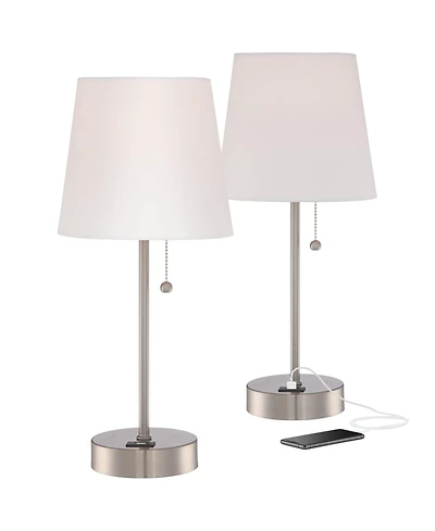 360 Lighting Justin 18" High Small Modern Accent Table Lamps Set of 2 Usb Port Pull Chain Silver Finish Metal Living Room Charging