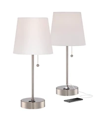 360 Lighting Justin 18" High Small Modern Accent Table Lamps Set of 2 Usb Port Pull Chain Silver Finish Metal Living Room Charging