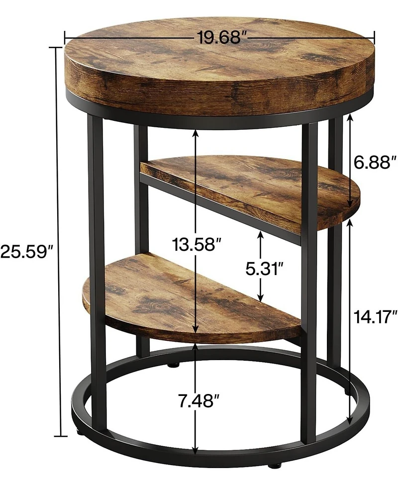 Tribesigns Round End Table, Small End Table with 3 Storage Shelves,Industrial Wooden Sofa Side Table, Rustic Brown Nightstand and Bedside Table