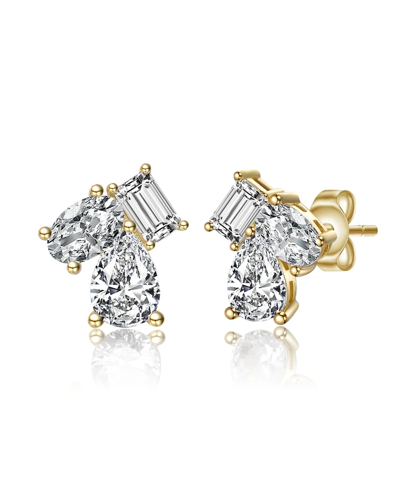 Sterling Silver Cubic Zirconia Three-Stone Cluster Stud Earrings White Gold Plated or 14k