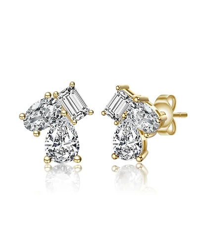 Sterling Silver Cubic Zirconia Three-Stone Cluster Stud Earrings White Gold Plated or 14k