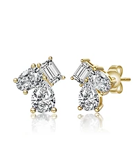 Sterling Silver Cubic Zirconia Three-Stone Cluster Stud Earrings White Gold Plated or 14k