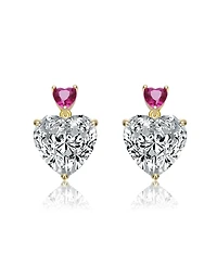 Sterling Silver 14K Gold Plated with Green, Red, or Blue Cubic Zirconia Two-Stone Heart Stud Earrings