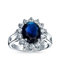 Bling Jewelry Classic Traditional 5CTW Royal Blue Cz Crown Halo Oval Cubic Zirconia Engagement For Women Promise Ring .925 Sterling Silver