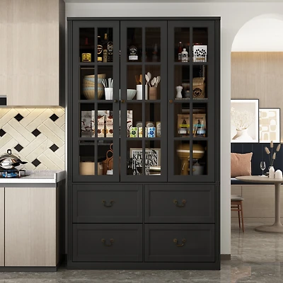 Famapy Grey Wood Bookcase With Tempered Glass Doors and 6-Drawers