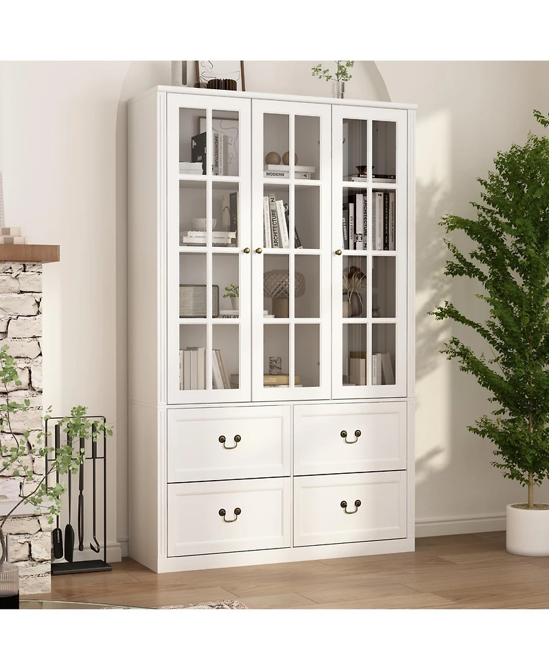Famapy Grey Wood Bookcase With Tempered Glass Doors and 6-Drawers
