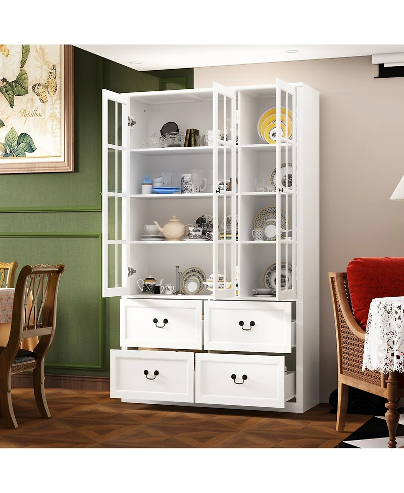 Famapy Grey Wood Bookcase With Tempered Glass Doors and 6-Drawers