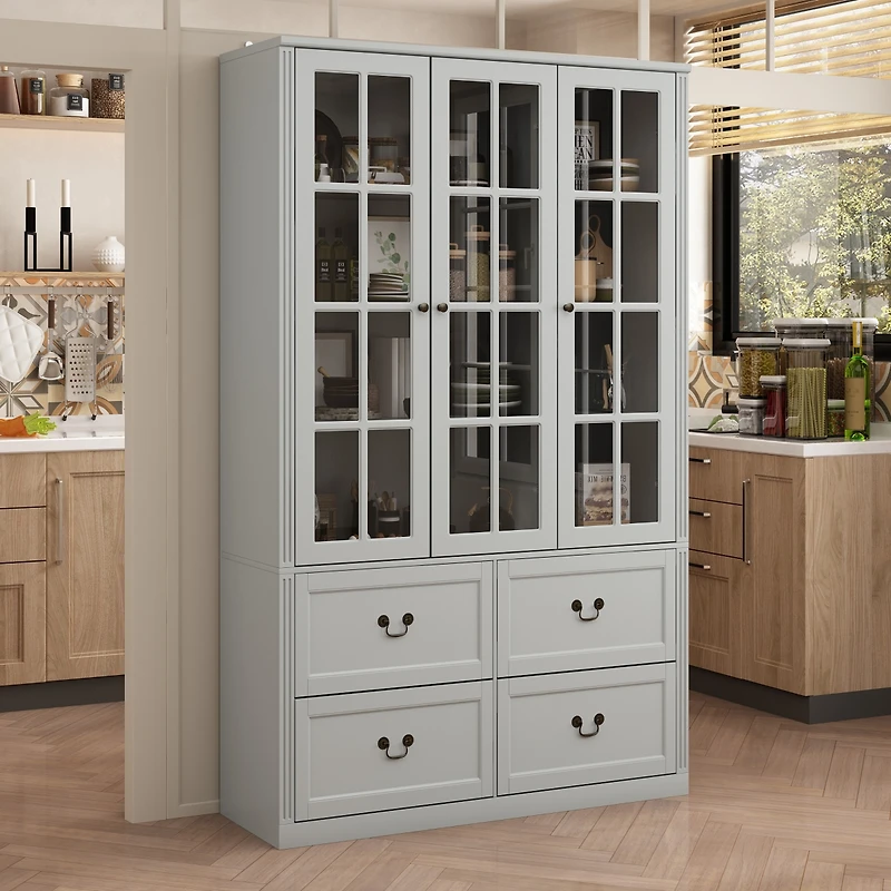 Famapy Grey Wood Bookcase With Tempered Glass Doors and 6-Drawers