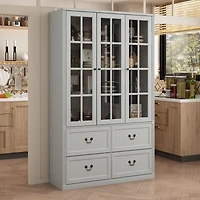 Famapy Grey Wood Bookcase With Tempered Glass Doors and 6-Drawers