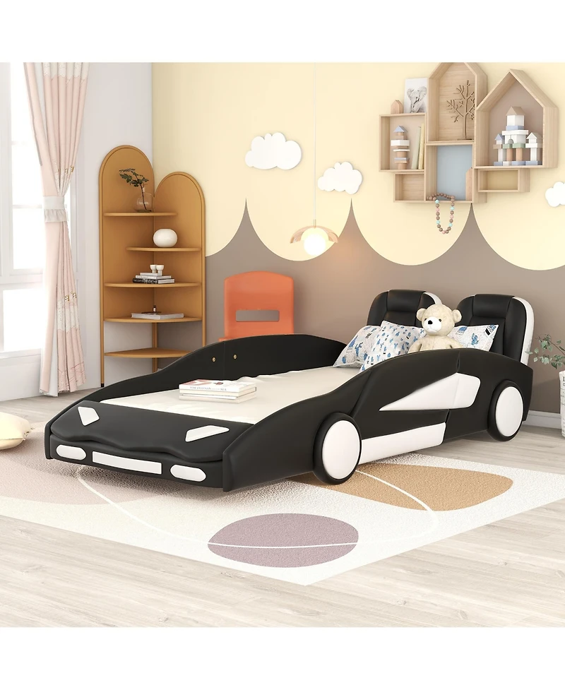 Slickblue Twin Size Race Car-Shaped Platform Bed with Wheels for Kids