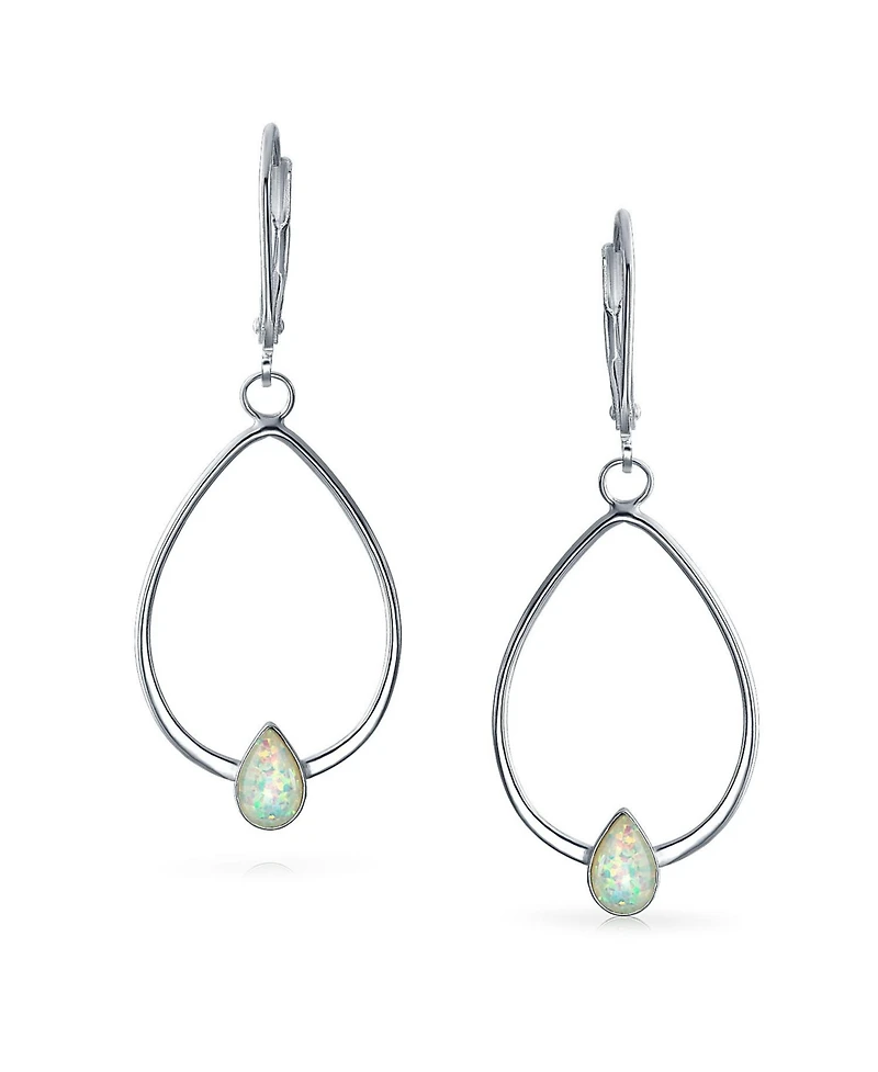 Bling Jewelry Geometric Thin Created White Opal Accent Lever back Open Oval Hoop Dangle Earrings For Women Sterling Silver