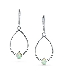 Bling Jewelry Geometric Thin Created White Opal Accent Lever back Open Oval Hoop Dangle Earrings For Women Sterling Silver