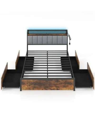 Gymax Led Bed Frame Queen Size w/ Charging Station Upholstered Headboard 4 Drawers