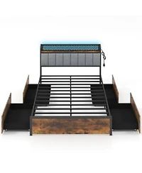 Gymax Led Bed Frame Queen Size w/ Charging Station Upholstered Headboard 4 Drawers