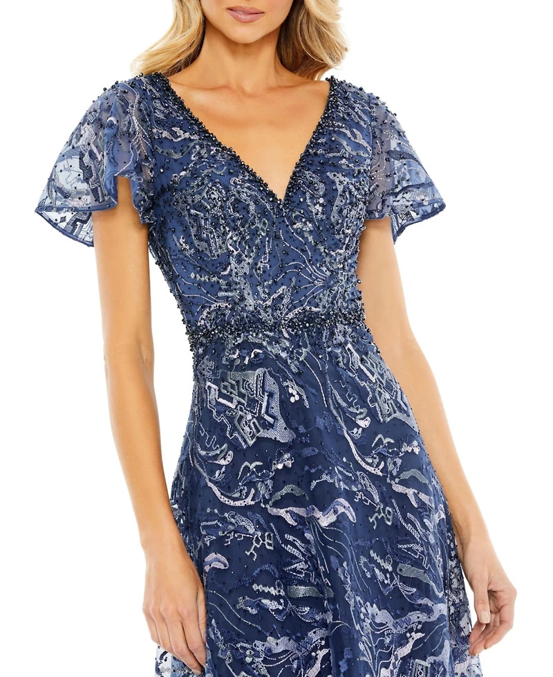 Mac Duggal Women's Embellished Illusion Butterfly Sleeve A-Line Gown