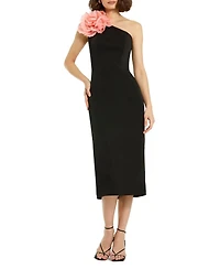 Mac Duggal Women's Crepe One Shoulder Flower Detail Midi Dress
