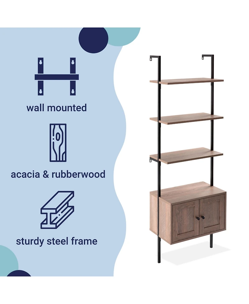 Industrial 4-Shelf Wood Wall-Mounted Open Ladder Bookcase, Cabinet, Metal Frame
