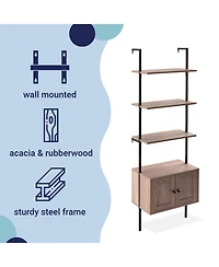 Industrial 4-Shelf Wood Wall-Mounted Open Ladder Bookcase, Cabinet, Metal Frame