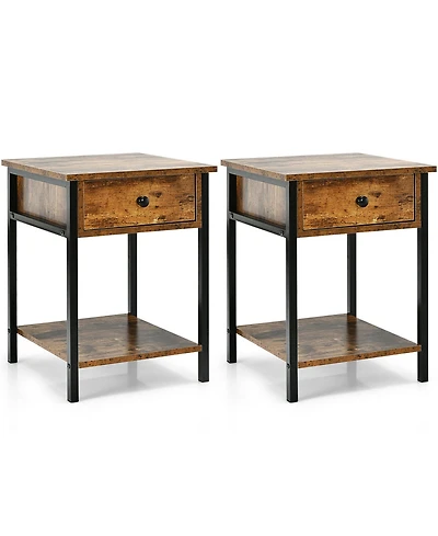 Gymax 2PCS Industrial End Side Table Nightstand with Drawer Shelf Rustic Brown