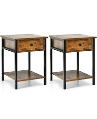 Gymax 2PCS Industrial End Side Table Nightstand with Drawer Shelf Rustic Brown
