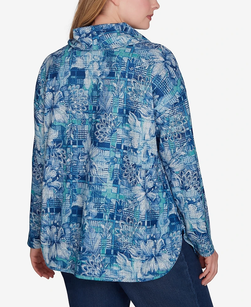 Ruby Rd. Plus Size Cowl Neck Floral Plaid Printed Hatchi Knit Top