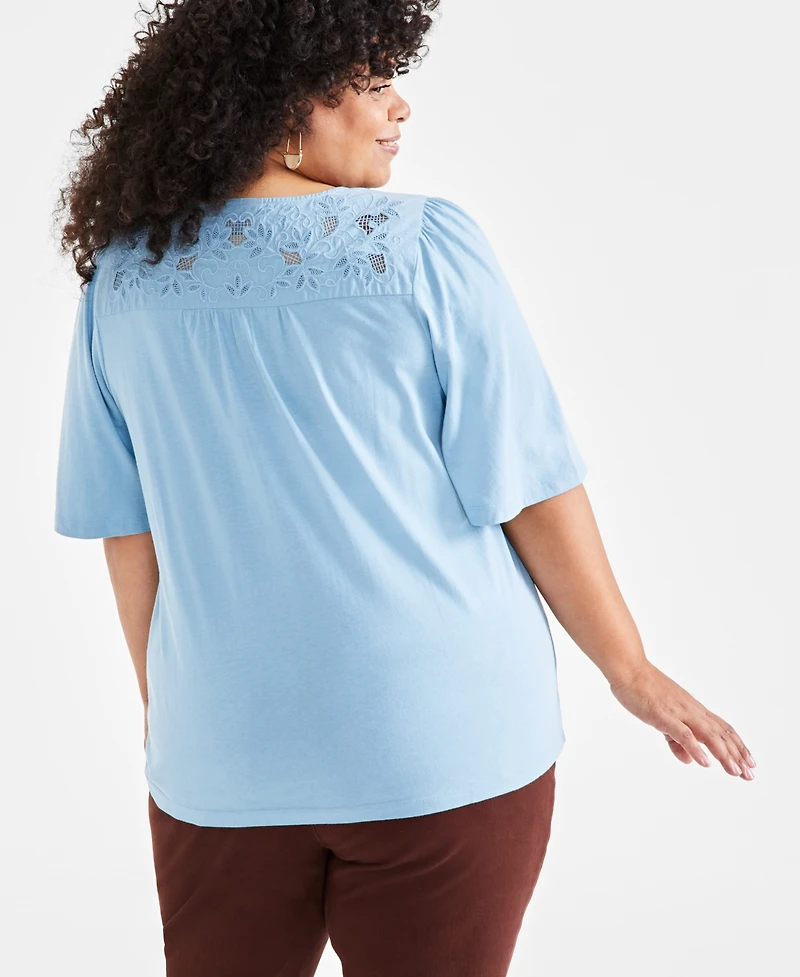 Style & Co Plus Size Lace-Trim Flutter-Sleeve Top, Created for Macy's