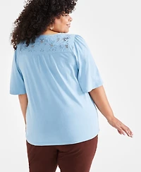 Style & Co Plus Size Lace-Trim Flutter-Sleeve Top, Created for Macy's