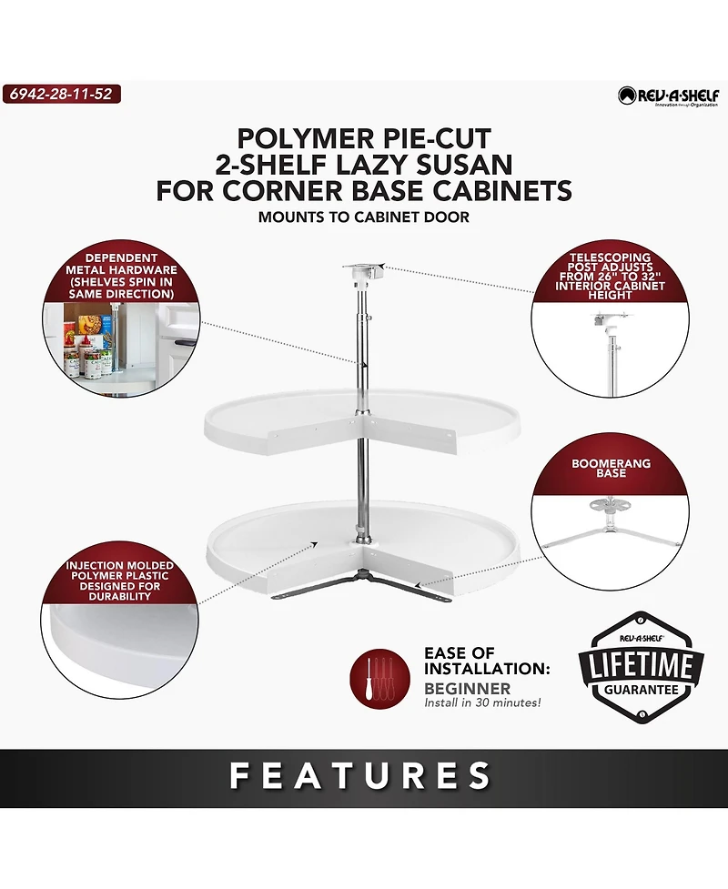 Rev-a-Shelf 28'' Lazy Susan Pie-Cut Polymer 2-Shelf, White, 6942-28-11-52