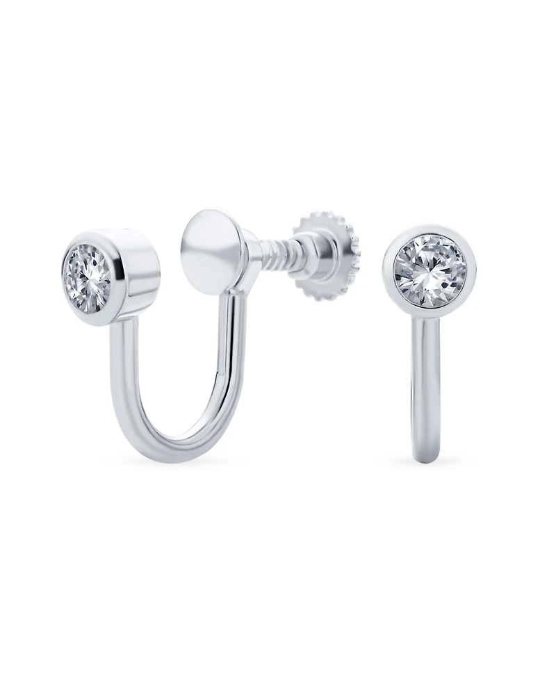 Bling Jewelry Minimalist Geometric Round Solitaire Bezel Cubic Zirconia Cz Screw back Clip On Stud Earrings Sterling Silver