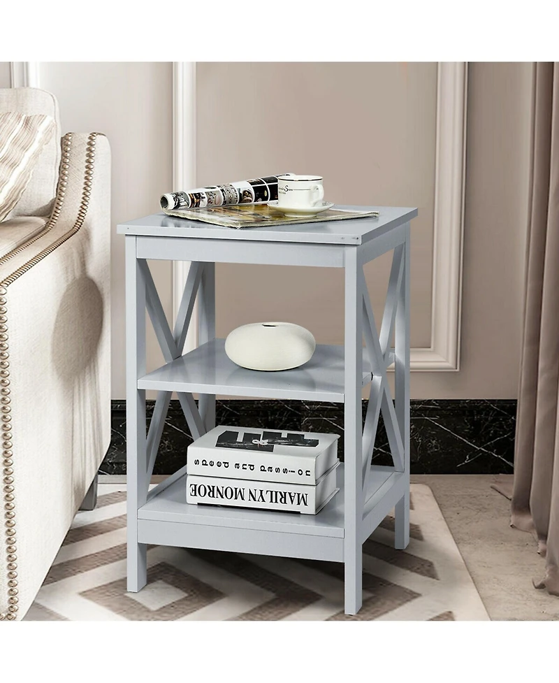 Gymax 3-Tier Nightstand End Table X Design Storage Display Shelf Living Room Grey