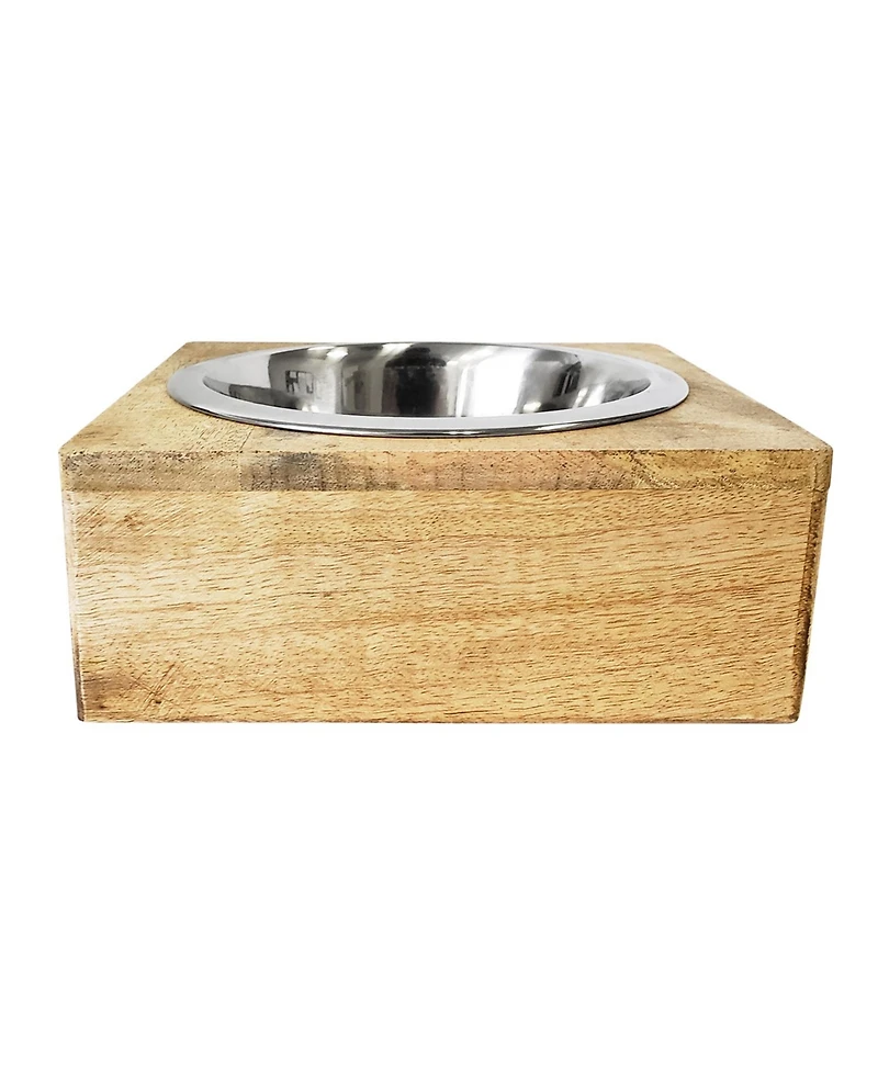 Country Living Elegant Stainless Steel Dog Bowl with Square Mango Wood Holder, Perfect for Modern Pet Homes – 1 qt
