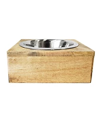 Country Living Elegant Stainless Steel Dog Bowl with Square Mango Wood Holder, Perfect for Modern Pet Homes – 1 qt