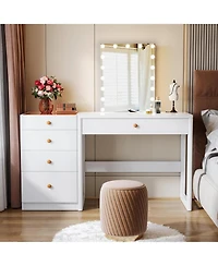 Tribesigns 47" Makeup Vanity Desk with 5 Drawers, Modern Vanity Desk with Glass Top, White Computer Desk Dressing Table for Bedroom (Without Mirror)