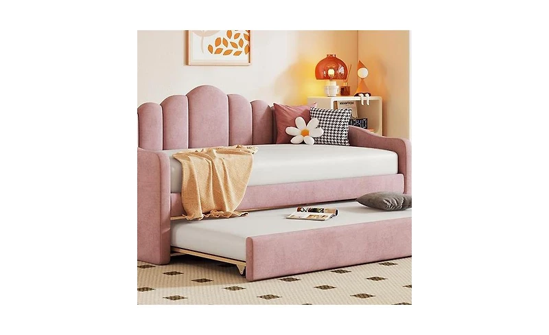 Slickblue Twin Size Upholstered Daybed with Trundle – Versatile Bed for Extra Sleeping Space