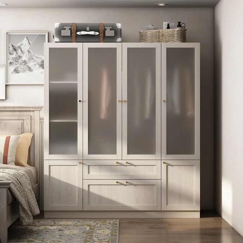 Famapy Glass Doors Armoires with Hanging Rods, Drawers and Shelves