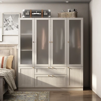 Famapy Glass Doors Armoires with Hanging Rods, Drawers and Shelves