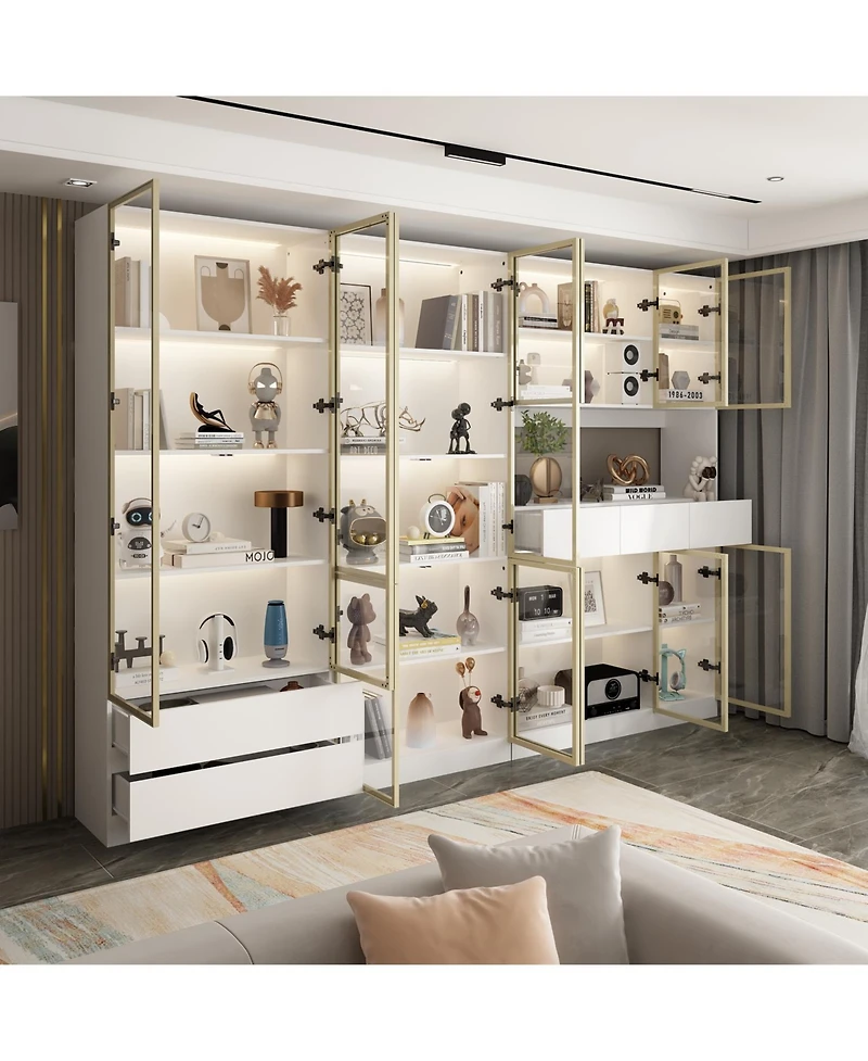 Famapy 30-Shelf White Wood Standard Bookcase With Doors,Led Lights,Drawers