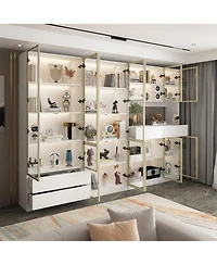 Famapy 30-Shelf White Wood Standard Bookcase With Doors,Led Lights,Drawers