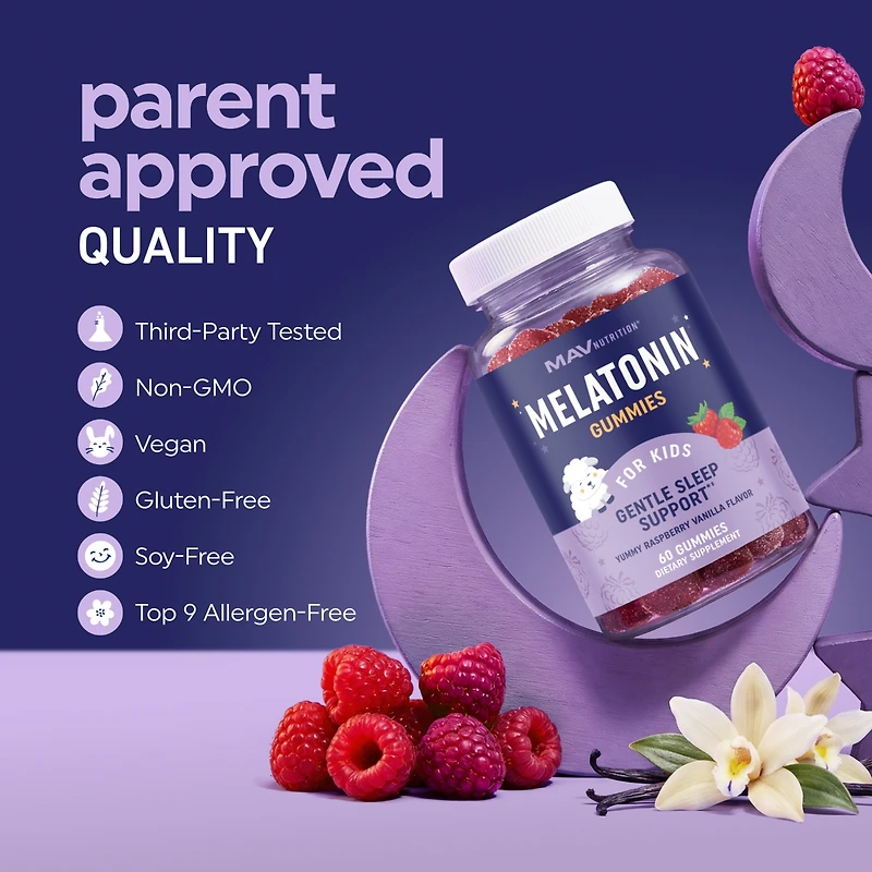 Mav Nutrition Melatonin Gummies for Kids, Premium Melatonin Gummies for Improve Sleep Quality with Chamomile & Lemon Balm, Raspberry Flavor, Mav Nutri