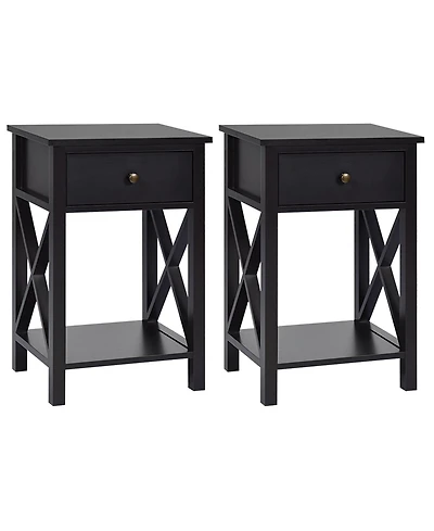 Gymax Set of 2 Nightstand Sofa Side End Table X-Design w/ Shelf Drawer Brown