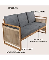 Jonathan Y Arwen Modern Bohemian Roped Acacia Wood Outdoor Loveseat with Cushions