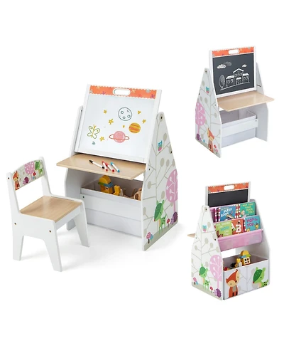 3 in 1 Kids Easel and Play Station Convertible with Chair and Storage Bins