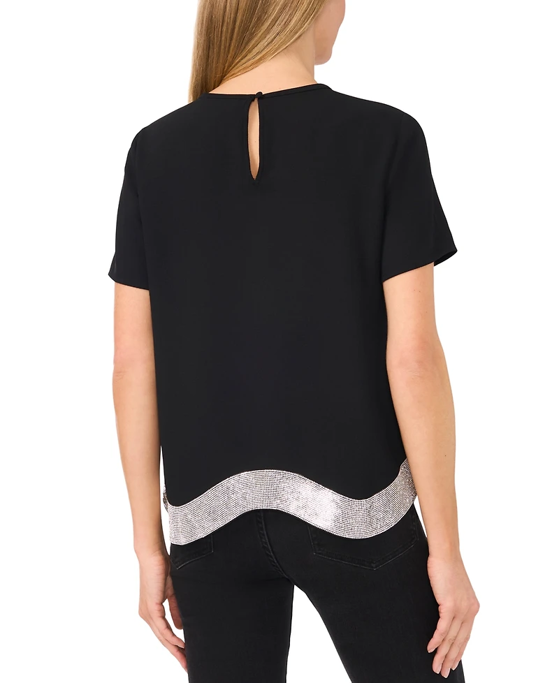 CeCe Women's Rhinestone Wavy Hem Short-Sleeve Blouse