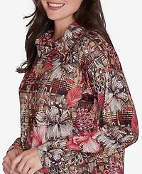 Ruby Rd. Petite Cowl Neck Floral Plaid Printed Hatchi Knit Top