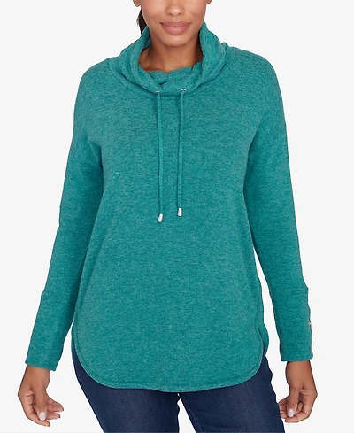 Ruby Rd. Petite Cowl Neck Solid Hatchi Knit Top with Drawstring