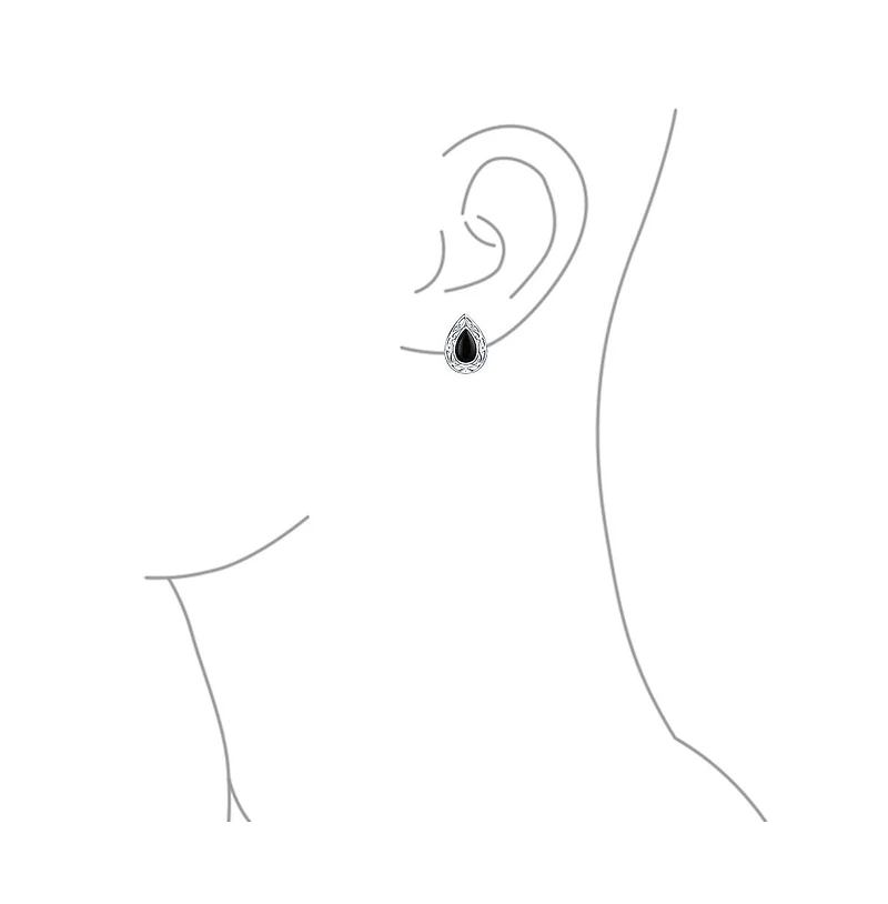 Bling Jewelry Bali Style Dyed Black Onyx Pear Shape Filigree Setting Teardrop Stud Earrings .925 Sterling Silver 15MM